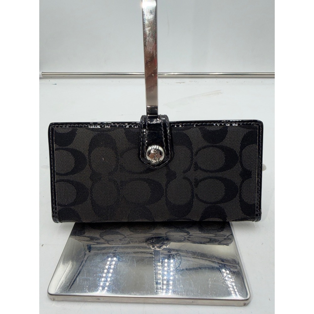 Coach Signature Jacquard Slim Bifold Wallet Black Patent Trim Snap Closure